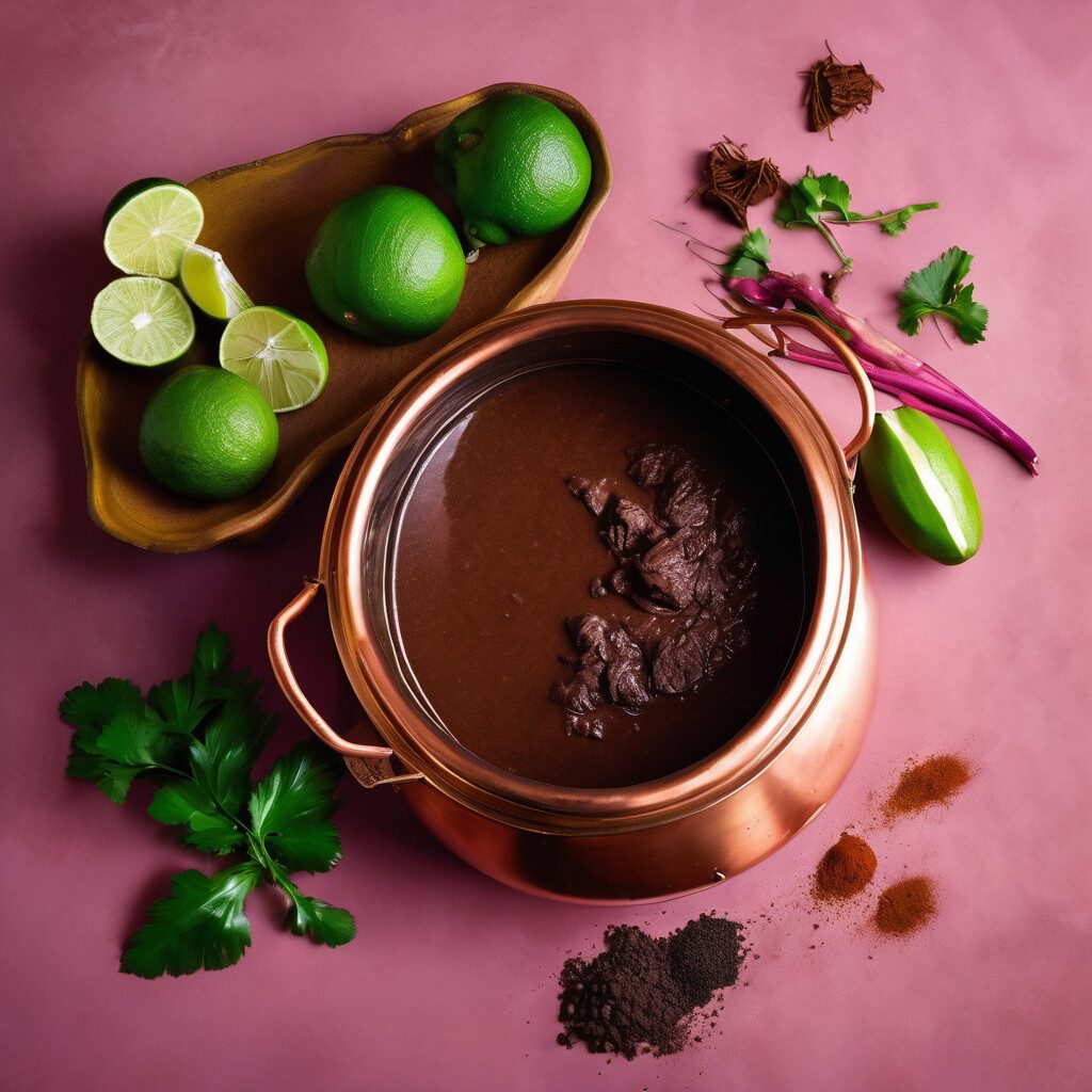 Mole sauce in a copper pot with limes, cilantro and spices
