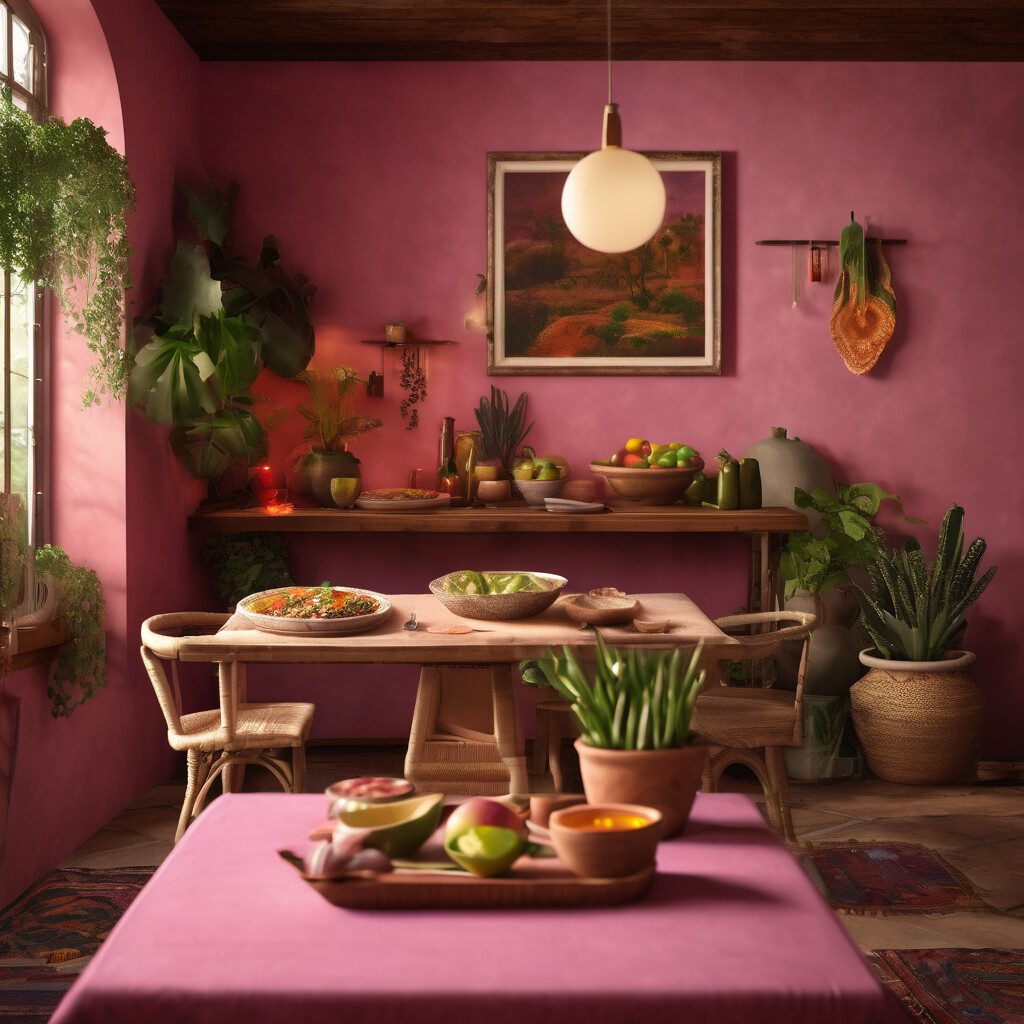 Pink dining room with wooden furniture, plants, and warm lighting